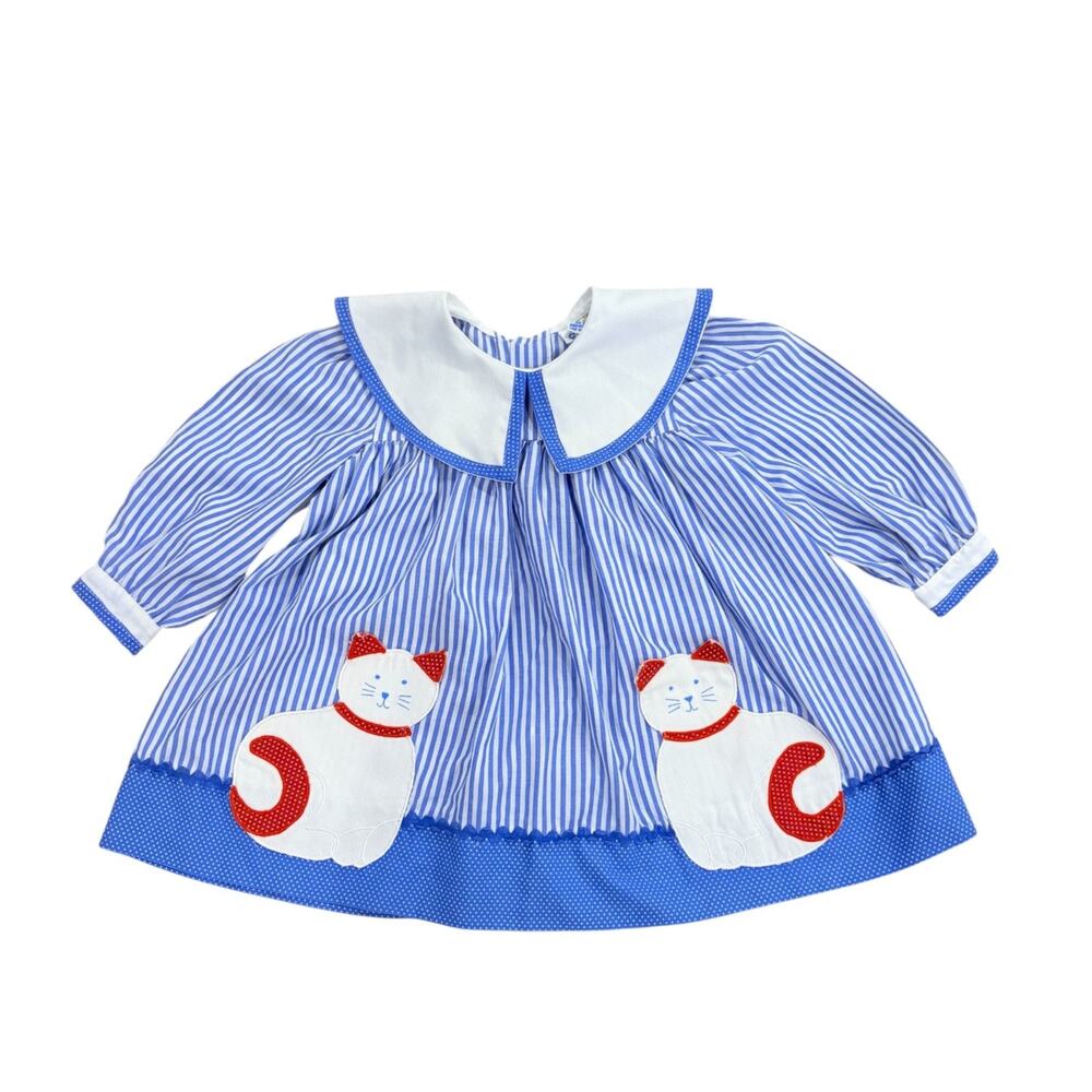 Vintage Kids Classics Blue/White Striped Toddler Dress Peter Pan Collar Cat 2T